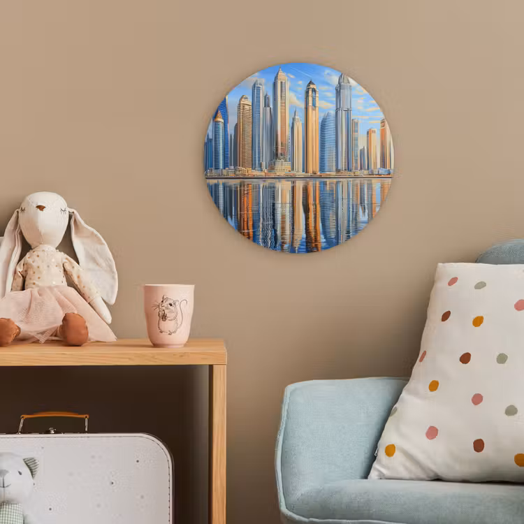 Skyline - Wolkenkrabbers - Water - Blauw Wandcirkel kunststof plaat 5mm dik klein -tsfeer1_kind