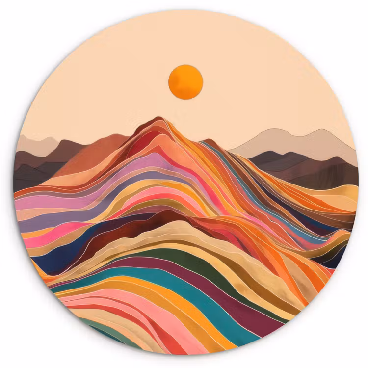 Zon - Kleurrijk landschap - Bergen Wandcirkel kunststof plaat 5mm dik klein -3d