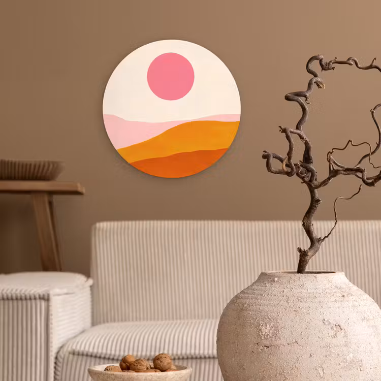 Zon - Heuvels - Abstract - Roze Wandcirkel kunststof plaat 5mm dik klein -sfeer1