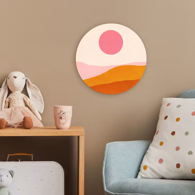 Zon - Heuvels - Abstract - Roze Wandcirkel kunststof plaat 5mm dik klein -tsfeer1_kind