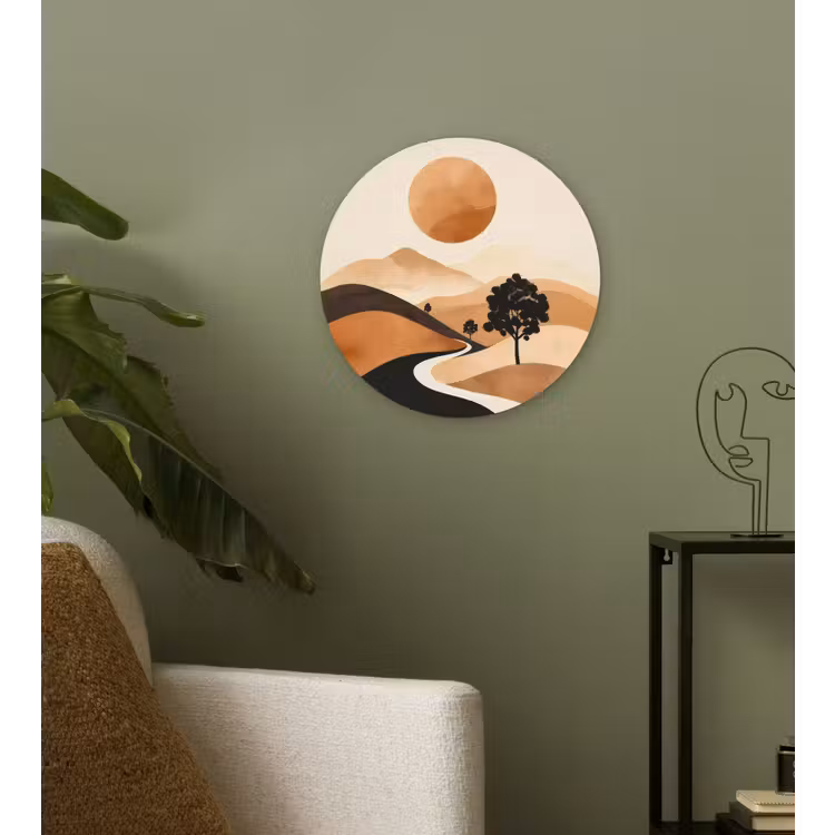 Zon - Heuvels - Boom - Abstract Wandcirkel kunststof plaat 5mm dik klein -sfeer3