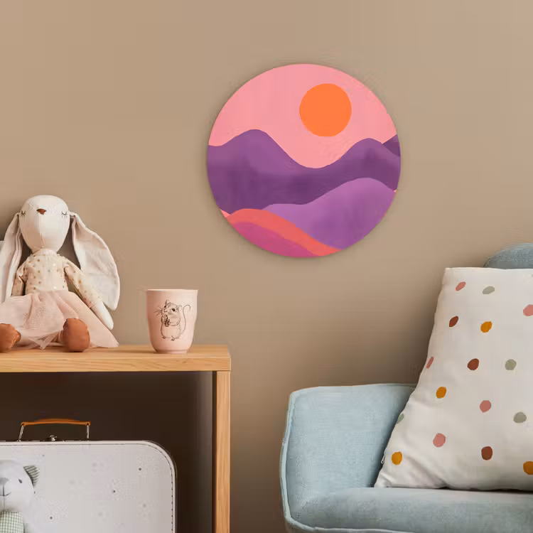 Zon - Heuvels - Paars - Abstract Wandcirkel kunststof plaat 5mm dik klein -tsfeer1_kind