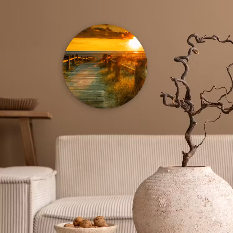 Zon - Strand - Duin - Horizon - Gras - Pad - Oranje Wandcirkel kunststof plaat 5mm dik klein -sfeer1