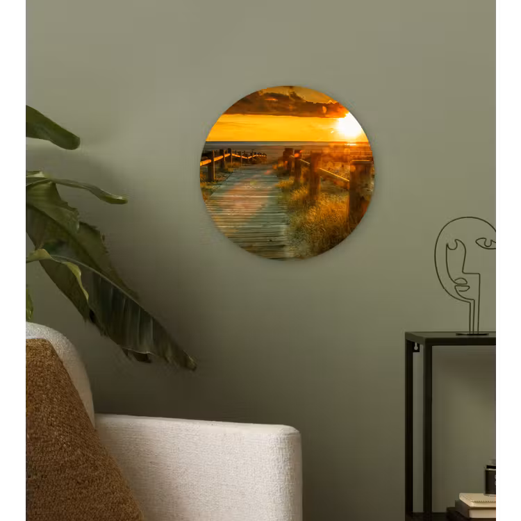 Zon - Strand - Duin - Horizon - Gras - Pad - Oranje Wandcirkel kunststof plaat 5mm dik klein -sfeer3