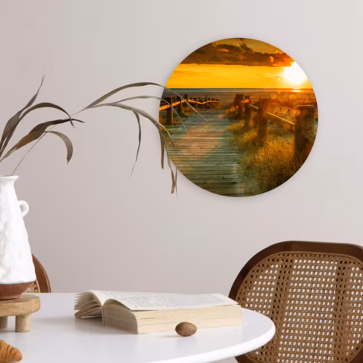 Zon - Strand - Duin - Horizon - Gras - Pad - Oranje Wandcirkel kunststof plaat 5mm dik klein -sfeer4