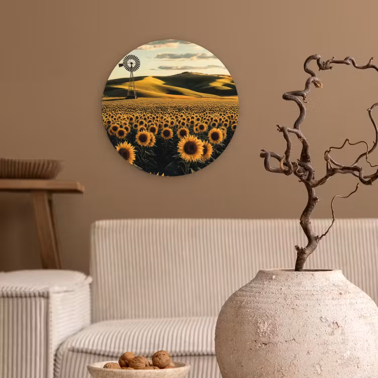 Zonnebloem - Veld - Windmolen Wandcirkel kunststof plaat 5mm dik klein -sfeer1