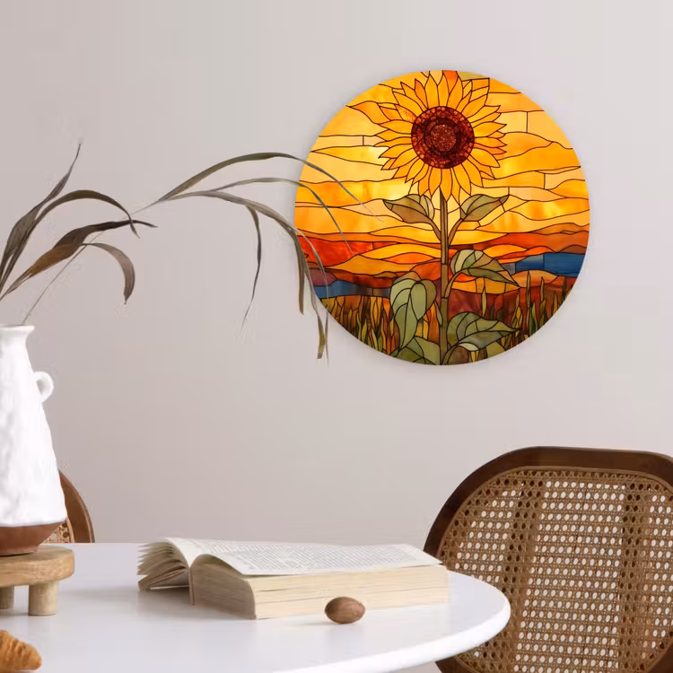 Zonnebloem - Mozaïek - Zonsondergang - Geel Wandcirkel kunststof plaat 5mm dik klein -sfeer4