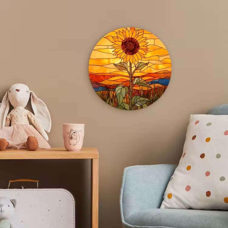 Zonnebloem - Mozaïek - Zonsondergang - Geel Wandcirkel kunststof plaat 5mm dik klein -tsfeer1_kind