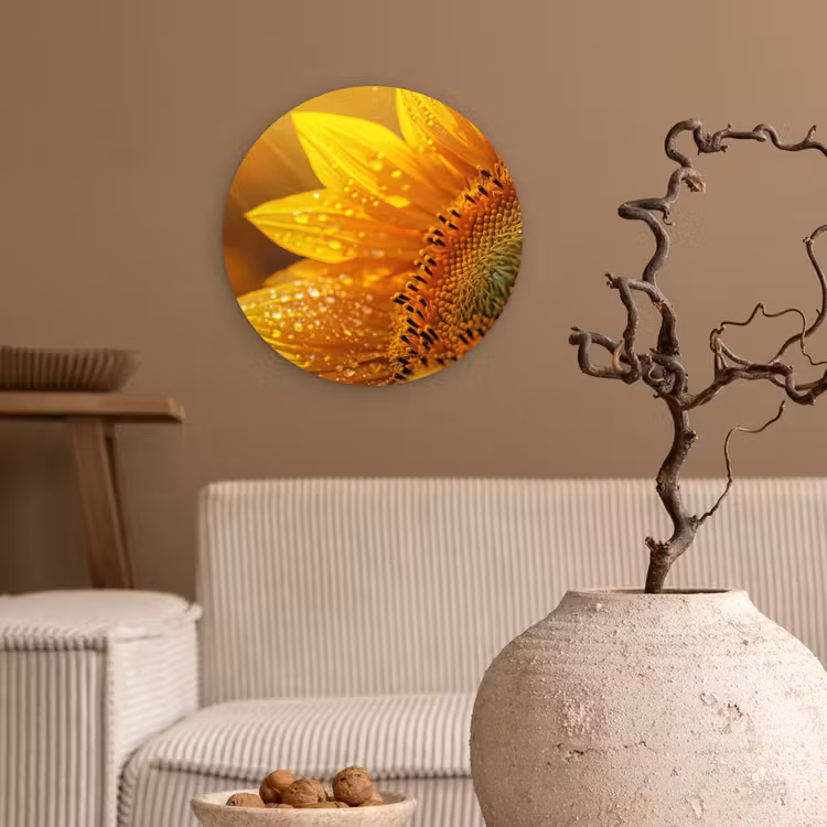 Zonnebloem - Dauwdruppels - Geel - Zonlicht Wandcirkel kunststof plaat 5mm dik klein -sfeer1