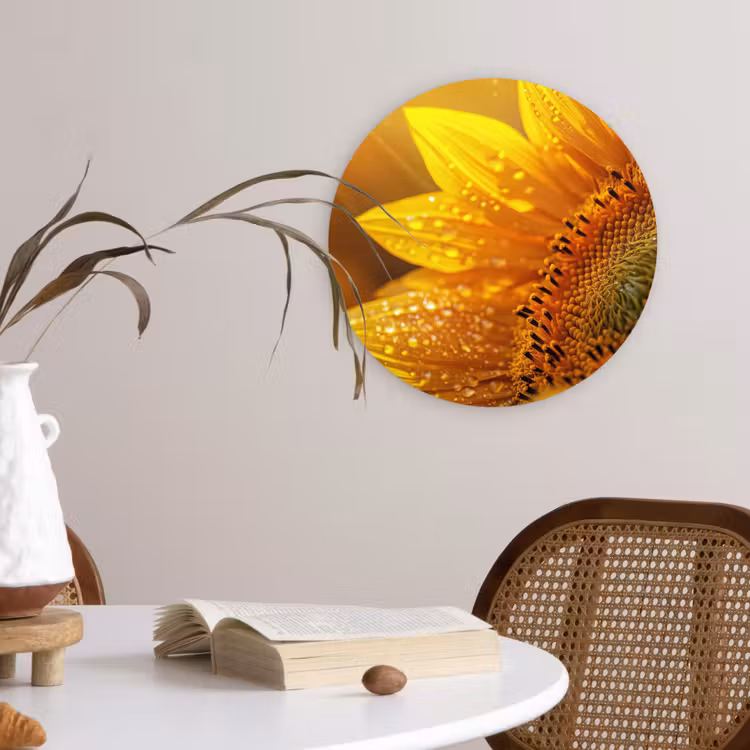 Zonnebloem - Dauwdruppels - Geel - Zonlicht Wandcirkel kunststof plaat 5mm dik klein -sfeer4