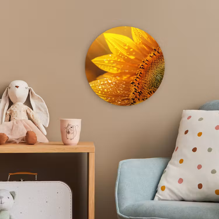 Zonnebloem - Dauwdruppels - Geel - Zonlicht Wandcirkel kunststof plaat 5mm dik klein -tsfeer1_kind