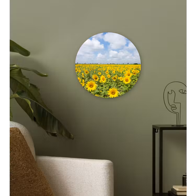Zonnebloemen - Bloemen - Wolken - Natuur - Geel - Landschap Wandcirkel kunststof plaat 5mm dik klein -sfeer3