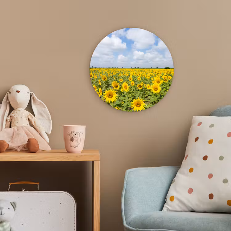 Zonnebloemen - Bloemen - Wolken - Natuur - Geel - Landschap Wandcirkel kunststof plaat 5mm dik klein -tsfeer1_kind