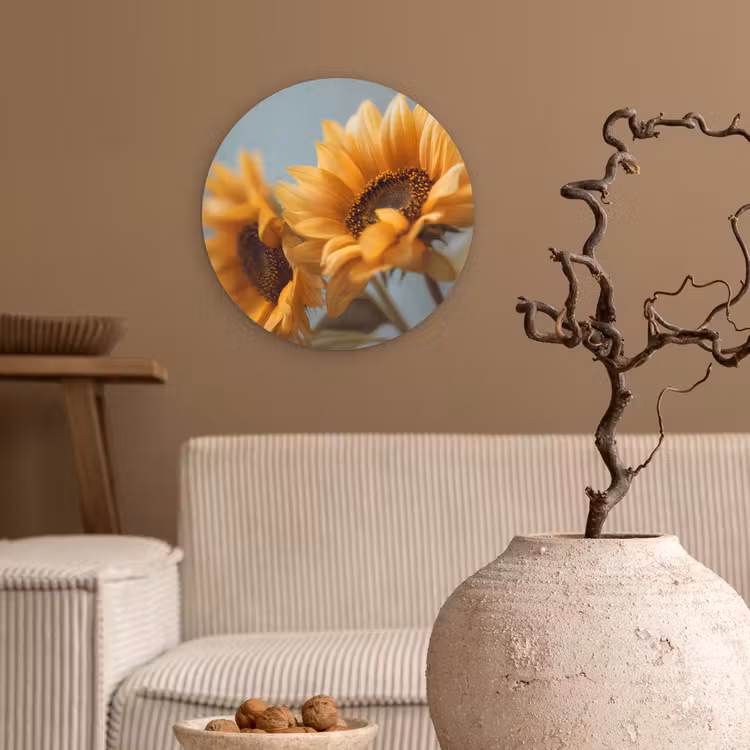 Zonnebloemen - Geel - Wazig Wandcirkel kunststof plaat 5mm dik klein -sfeer1
