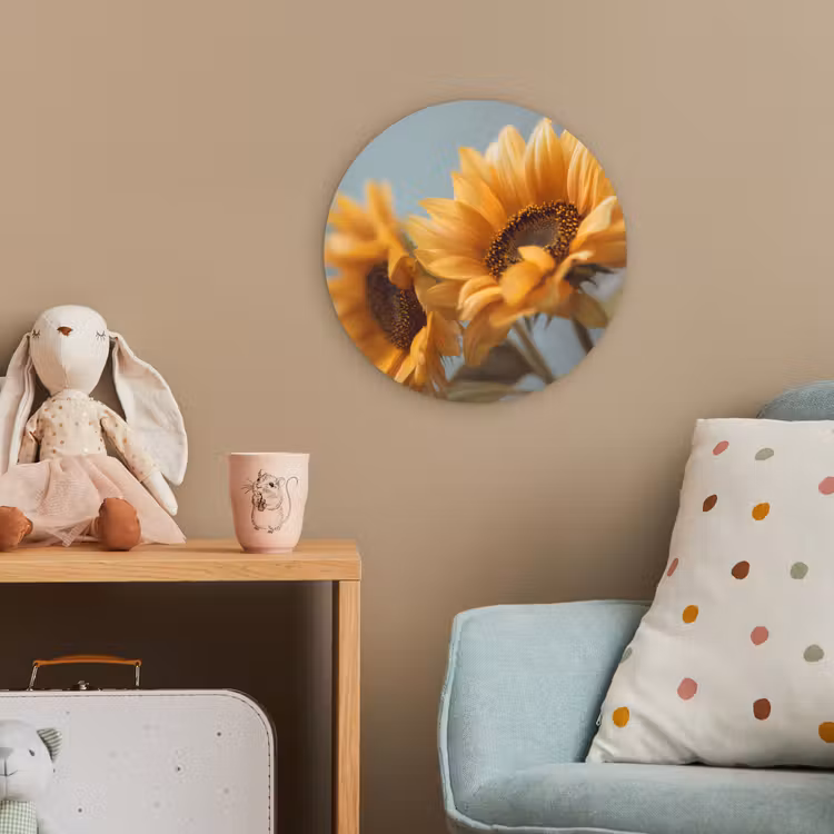 Zonnebloemen - Geel - Wazig Wandcirkel kunststof plaat 5mm dik klein -tsfeer1_kind