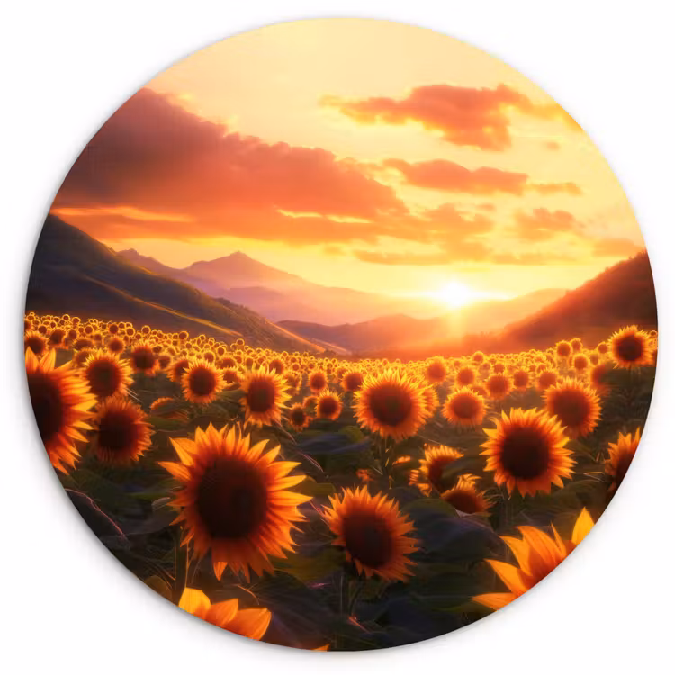Zonnebloemen - Zonsondergang - Landschap Wandcirkel kunststof plaat 5mm dik klein -3d
