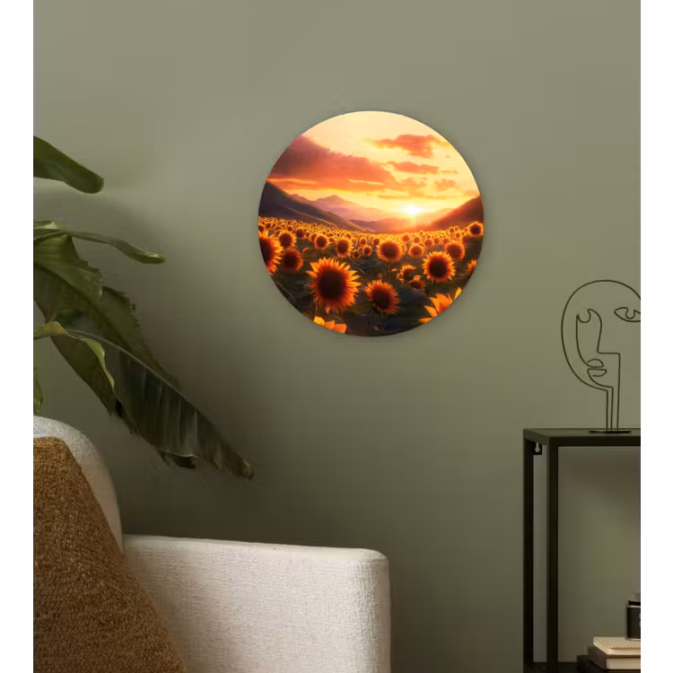 Zonnebloemen - Zonsondergang - Landschap Wandcirkel kunststof plaat 5mm dik klein -sfeer3