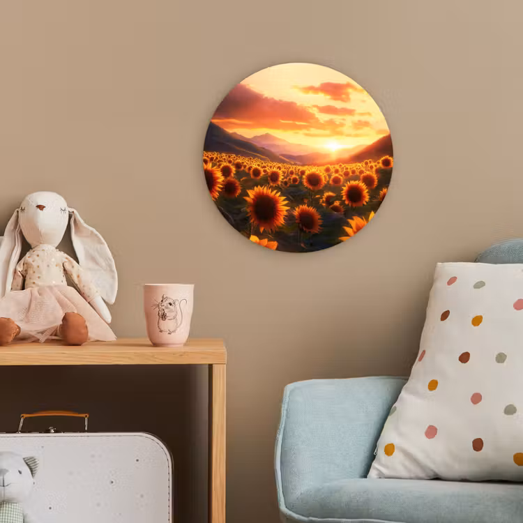 Zonnebloemen - Zonsondergang - Landschap Wandcirkel kunststof plaat 5mm dik klein -tsfeer1_kind