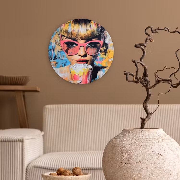 Zonnebril - Vrouw - Kleurrijk - Verfspetters Wandcirkel kunststof plaat 5mm dik klein -sfeer1