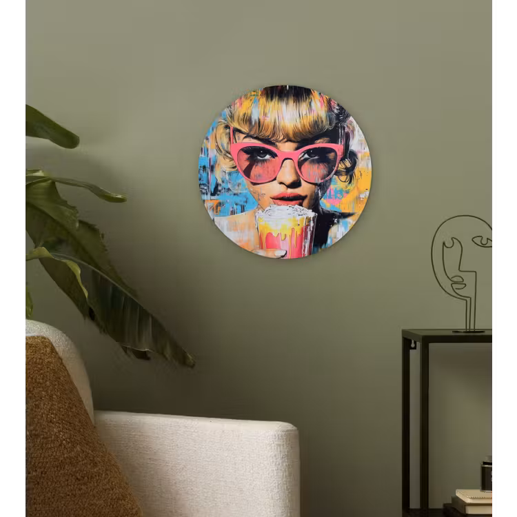 Zonnebril - Vrouw - Kleurrijk - Verfspetters Wandcirkel kunststof plaat 5mm dik klein -sfeer3