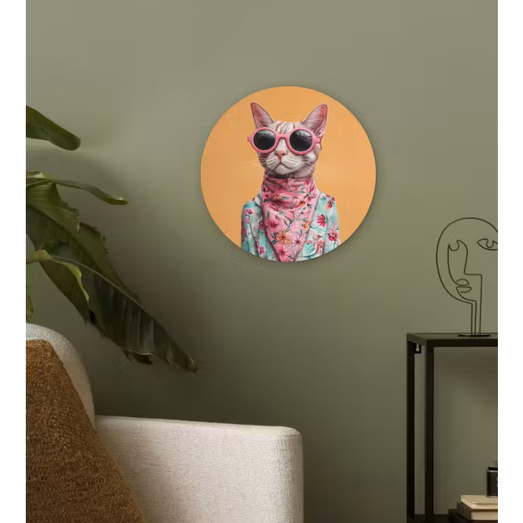 Zonnebril - Kat - Sjaal - Bloemen Wandcirkel kunststof plaat 5mm dik klein -sfeer3