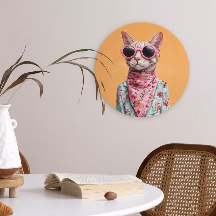 Zonnebril - Kat - Sjaal - Bloemen Wandcirkel kunststof plaat 5mm dik klein -sfeer4