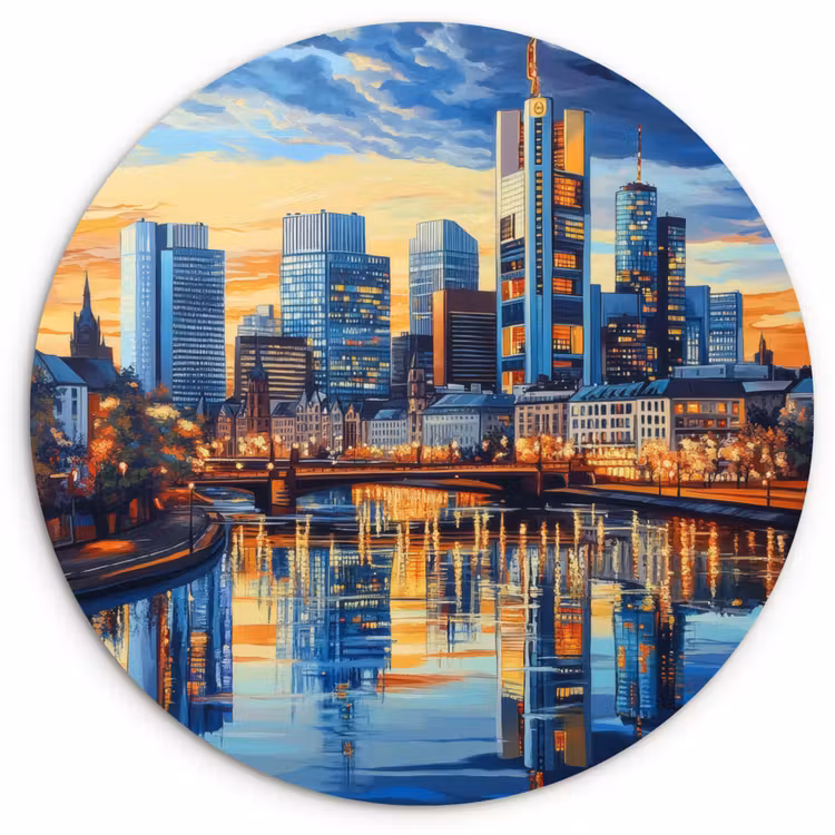 Zonsondergang Frankfurt - Stad - Skyline - Water Wandcirkel kunststof plaat 5mm dik klein -3d