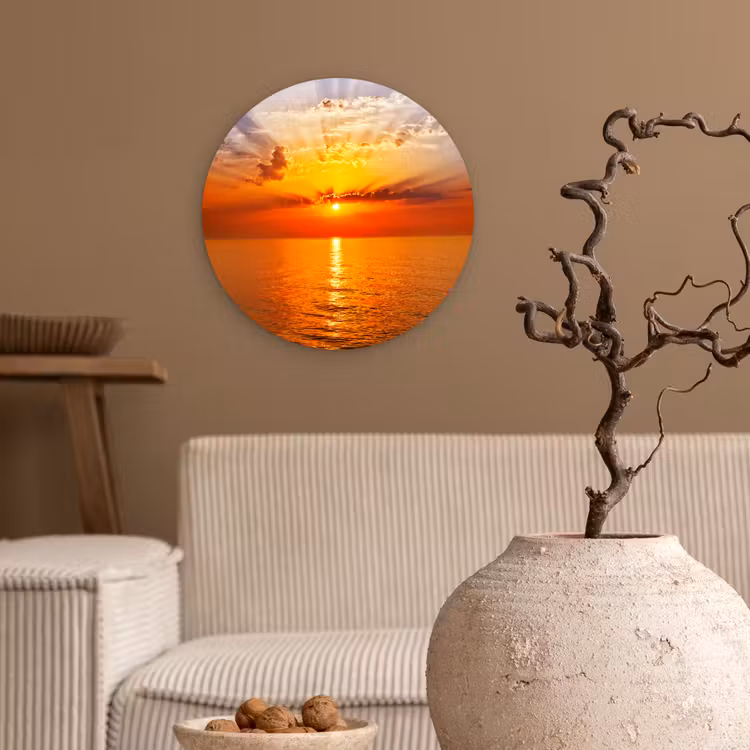 Zonsondergang - Zee - Lucht - Oranje - Horizon - Water Wandcirkel kunststof plaat 5mm dik klein -sfeer1