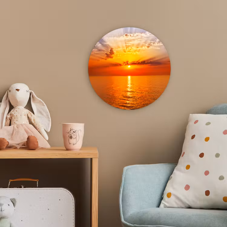 Zonsondergang - Zee - Lucht - Oranje - Horizon - Water Wandcirkel kunststof plaat 5mm dik klein -tsfeer1_kind