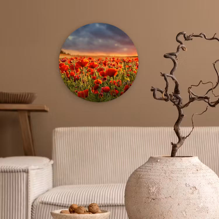 Zonsondergang - Klaprozen - Rood - Bloemen - Veld - Natuur Wandcirkel kunststof plaat 5mm dik klein -sfeer1