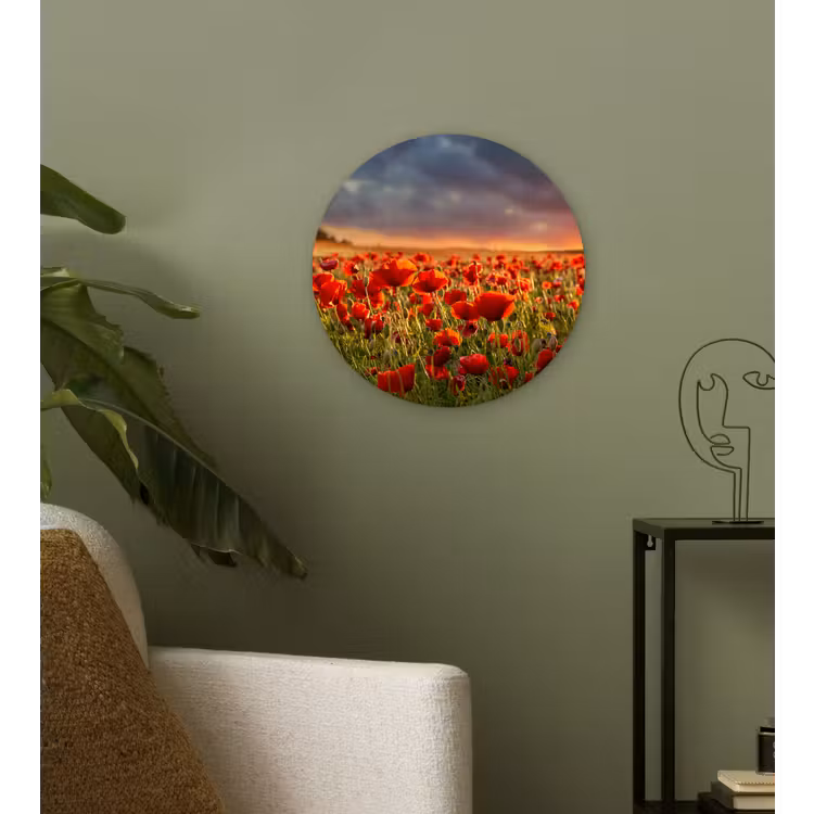 Zonsondergang - Klaprozen - Rood - Bloemen - Veld - Natuur Wandcirkel kunststof plaat 5mm dik klein -sfeer3