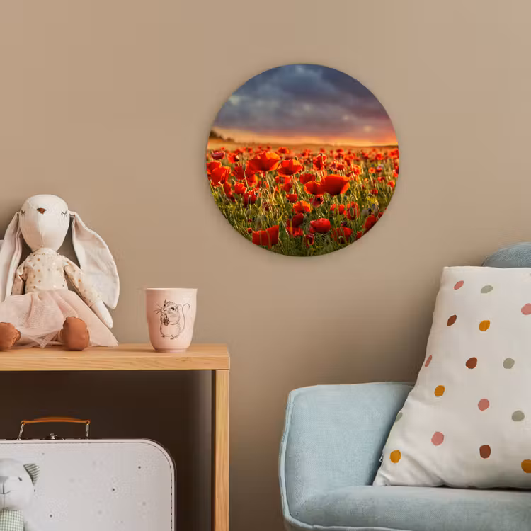 Zonsondergang - Klaprozen - Rood - Bloemen - Veld - Natuur Wandcirkel kunststof plaat 5mm dik klein -tsfeer1_kind