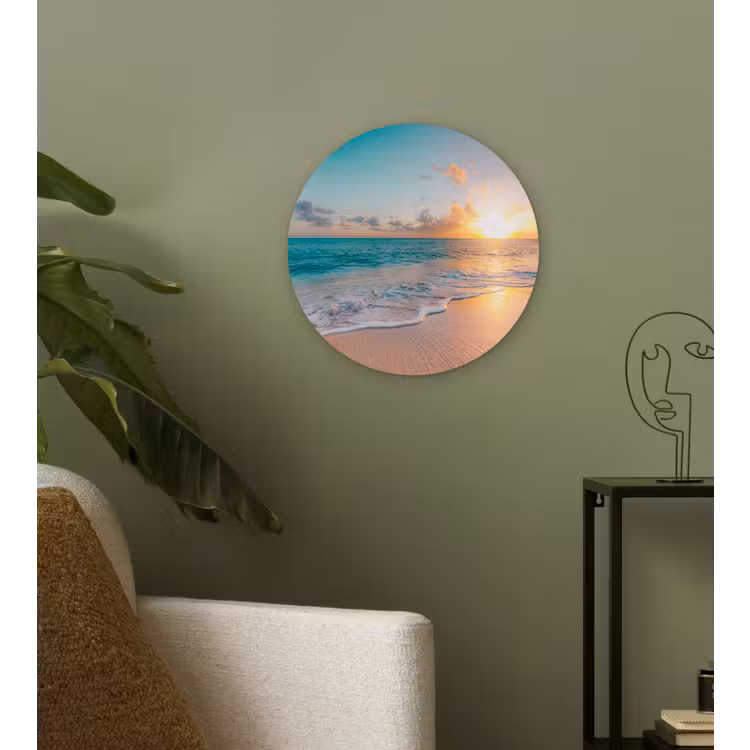 Zonsondergang - Strand - Zee - Zomer - Blauw Wandcirkel kunststof plaat 5mm dik klein -sfeer3