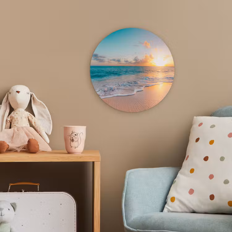 Zonsondergang - Strand - Zee - Zomer - Blauw Wandcirkel kunststof plaat 5mm dik klein -tsfeer1_kind