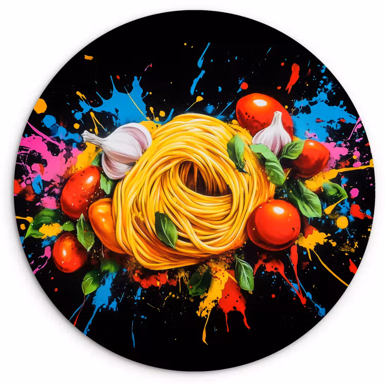 Spaghetti - Graffiti - Verf - Kleurrijk - Eten - Modern Wandcirkel kunststof plaat 5mm dik klein -3d