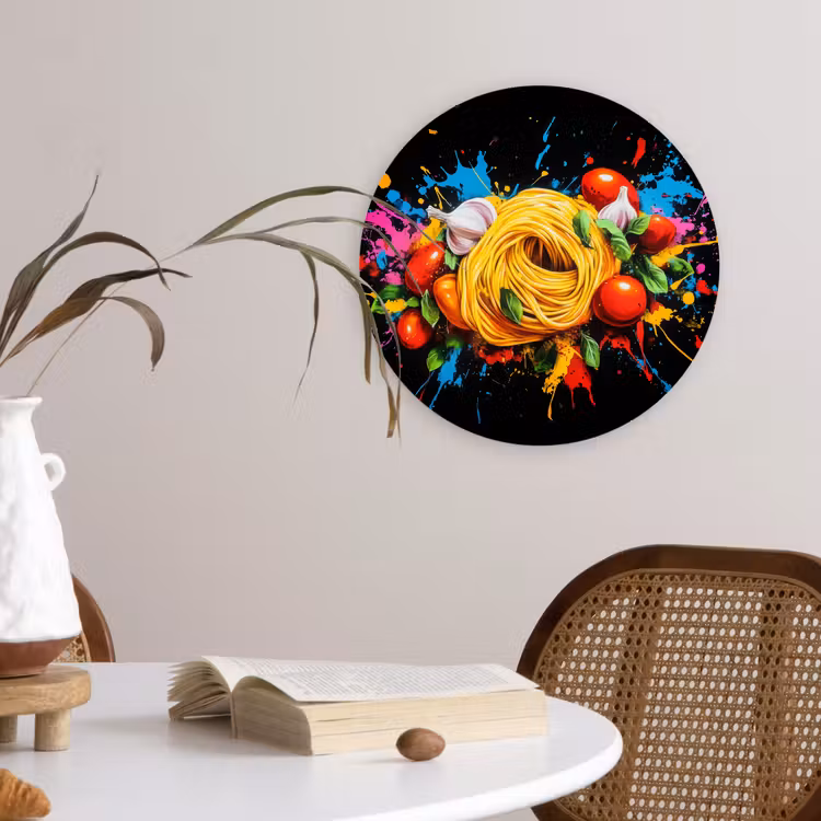 Spaghetti - Graffiti - Verf - Kleurrijk - Eten - Modern Wandcirkel kunststof plaat 5mm dik klein -sfeer4
