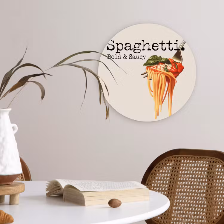 Spaghetti - tomatensaus - Parmezaanse kaas Wandcirkel kunststof plaat 5mm dik klein -sfeer4