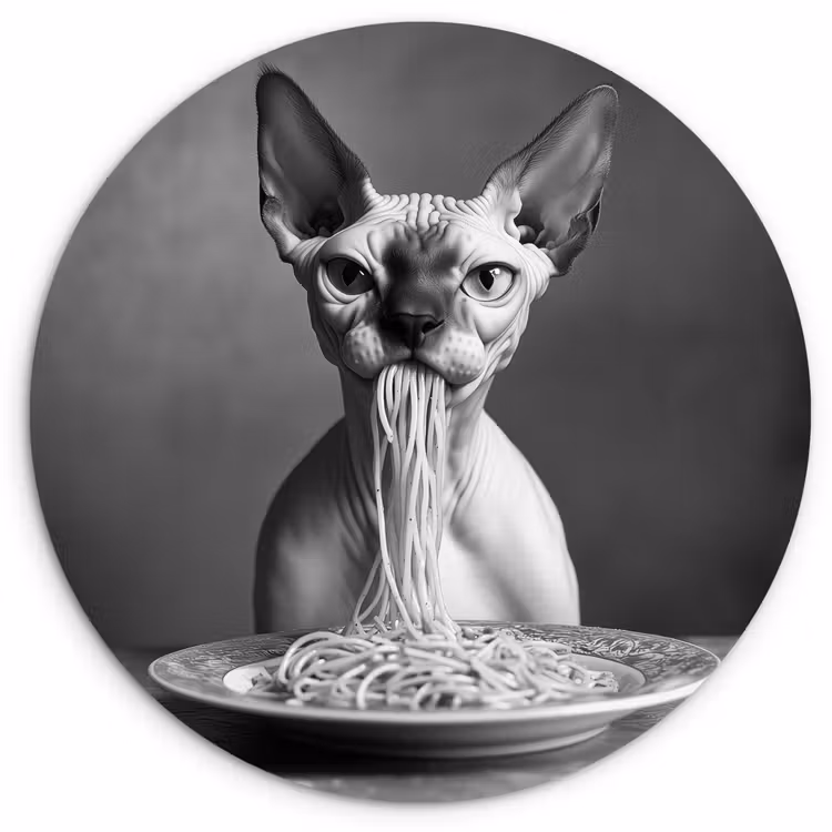 Sphynx - Kat - Dieren - Humor - Spaghetti - Zwart Wit Wandcirkel kunststof plaat 5mm dik klein -3d