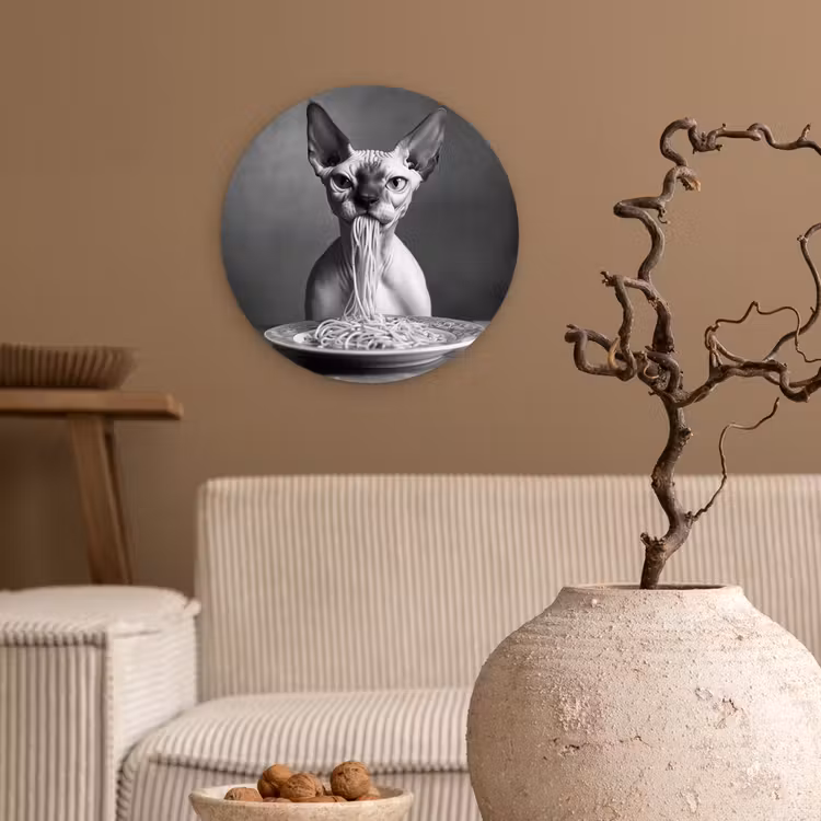 Sphynx - Kat - Dieren - Humor - Spaghetti - Zwart Wit Wandcirkel kunststof plaat 5mm dik klein -sfeer1