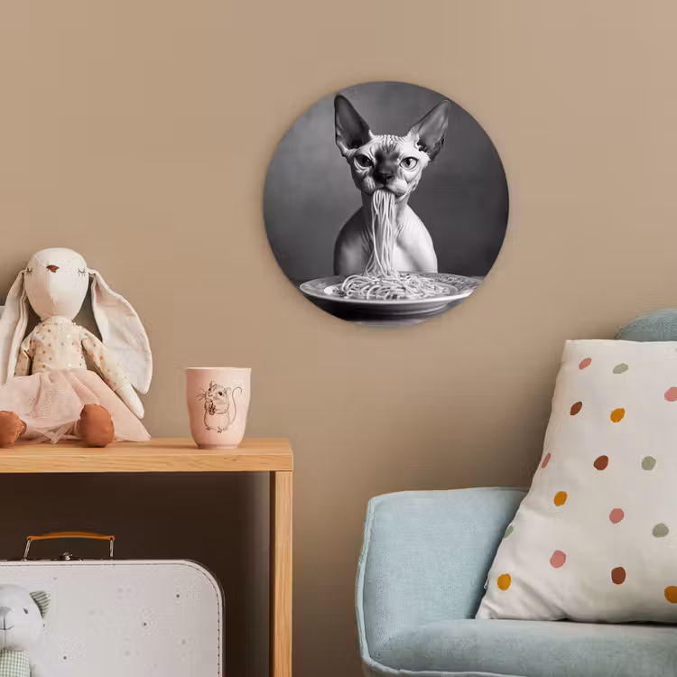 Sphynx - Kat - Dieren - Humor - Spaghetti - Zwart Wit Wandcirkel kunststof plaat 5mm dik klein -tsfeer1_kind