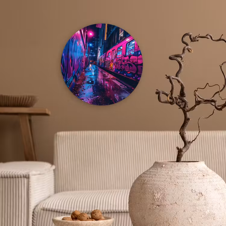 Stad - Neon - Nacht - Roze - Graffiti Wandcirkel kunststof plaat 5mm dik klein -sfeer1