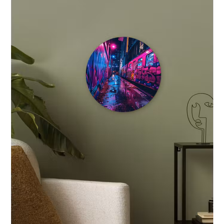 Stad - Neon - Nacht - Roze - Graffiti Wandcirkel kunststof plaat 5mm dik klein -sfeer3