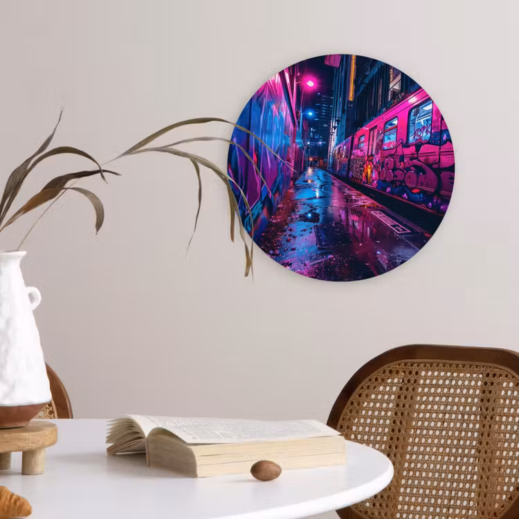 Stad - Neon - Nacht - Roze - Graffiti Wandcirkel kunststof plaat 5mm dik klein -sfeer4