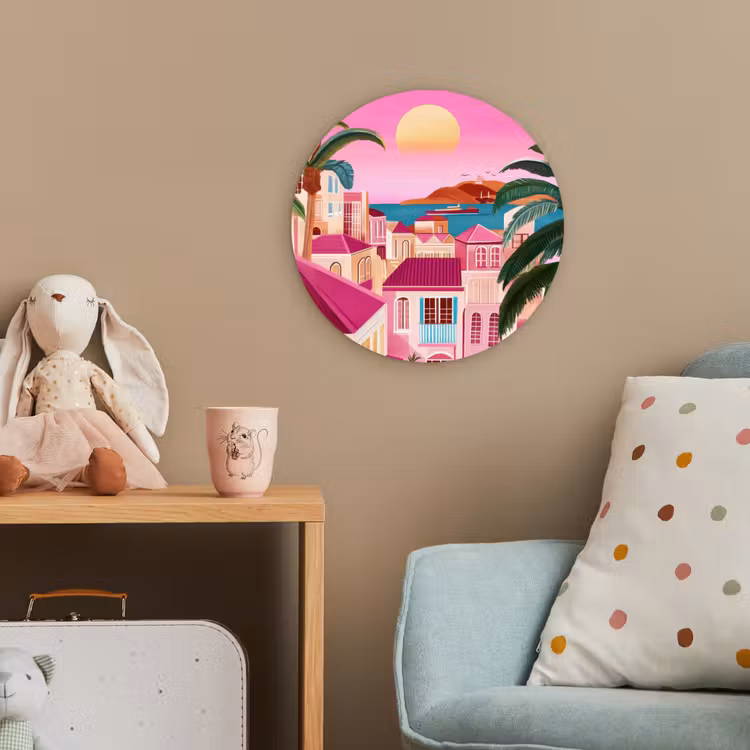 Stad - Roze - Palmbomen Wandcirkel kunststof plaat 5mm dik klein -tsfeer1_kind