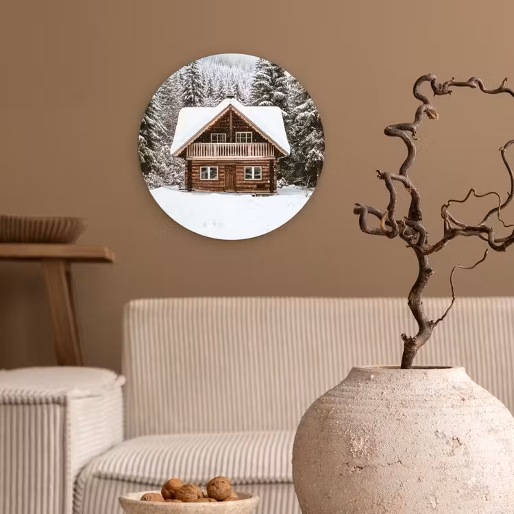 Huis - Bos - Winter - Natuur - Sneeuw Wandcirkel kunststof plaat 5mm dik klein -sfeer1