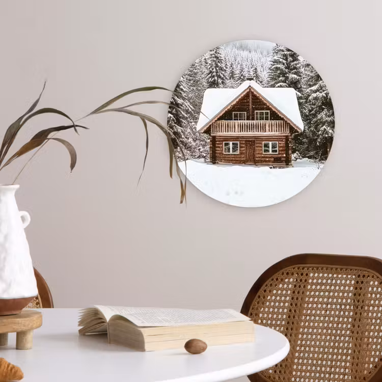 Huis - Bos - Winter - Natuur - Sneeuw Wandcirkel kunststof plaat 5mm dik klein -sfeer4