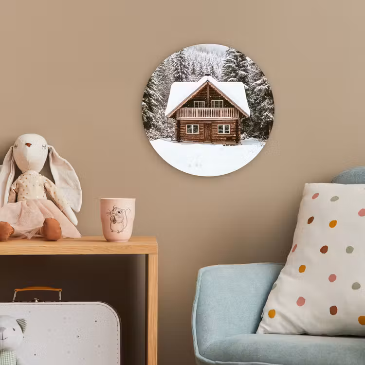 Huis - Bos - Winter - Natuur - Sneeuw Wandcirkel kunststof plaat 5mm dik klein -tsfeer1_kind