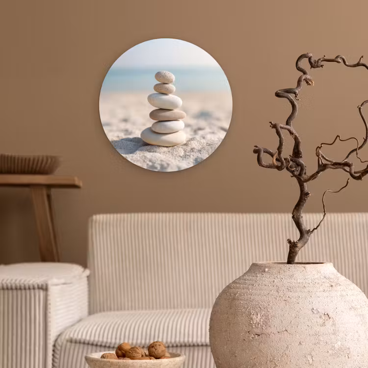 Stenen - Stapel - Zand - Zee Wandcirkel kunststof plaat 5mm dik klein -sfeer1