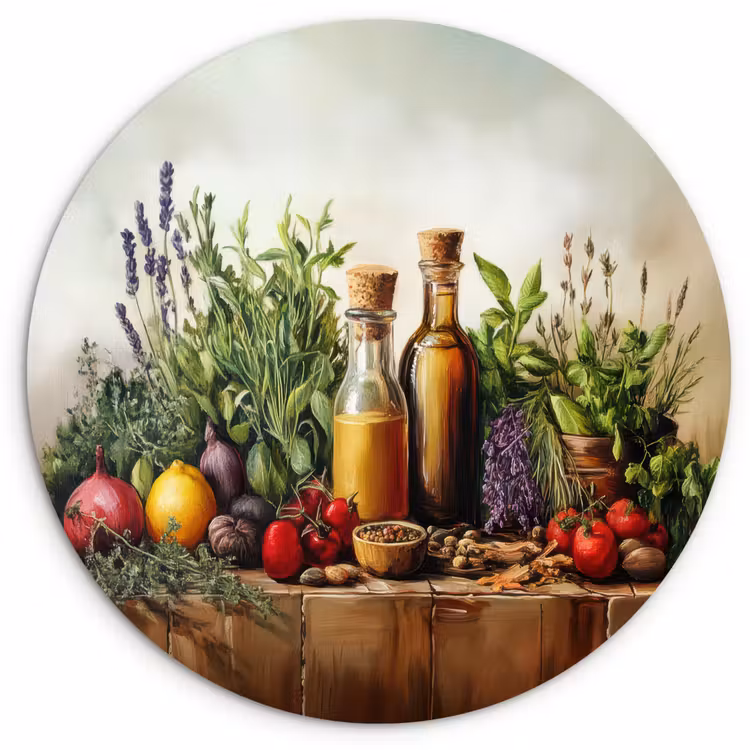 Stilleven - Kruiden - Specerijen - Fruit - Kleurrijk Wandcirkel kunststof plaat 5mm dik klein -3d