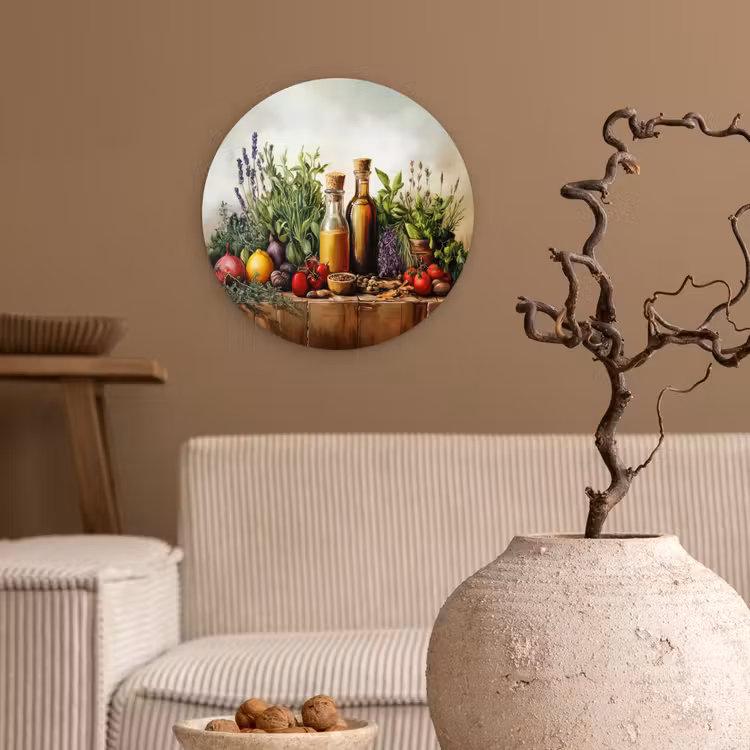 Stilleven - Kruiden - Specerijen - Fruit - Kleurrijk Wandcirkel kunststof plaat 5mm dik klein -sfeer1